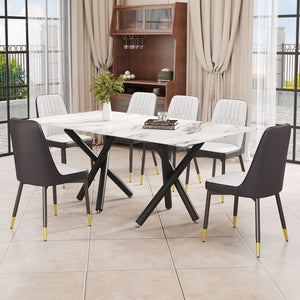 English Elm 1 Table and 6 Chairs. A Rectangular Dining Table With A White Imitation Marble Tabletop and Black Metal Legs. Paired With 6 Chairs, Equipped With Pu Leather Seat Cushions and Black Metal Legs. F-1538