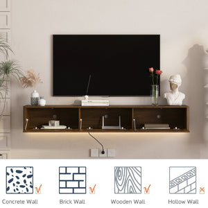 English Elm Floating Wall Mounted Tv Shelf with Led Backlight Gloss Cabinet and Built in Power Strip Wood W1321P391261