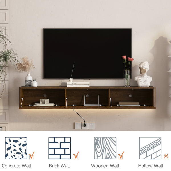 English Elm Floating Wall Mounted Tv Shelf with Led Backlight Gloss Cabinet and Built in Power Strip Wood W1321P391261