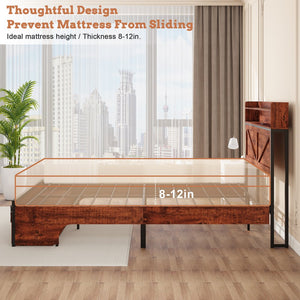 English Elm Queen-size Platform Bed with Led Headboard Storage Footboard and Built-in Charging Brown W5026P429527