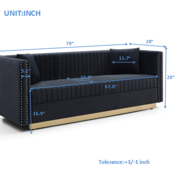 English Elm Contemporary Velvet Sofa with Channel Tufting Gold Legs Nailhead Trim Living Room W1117P147297