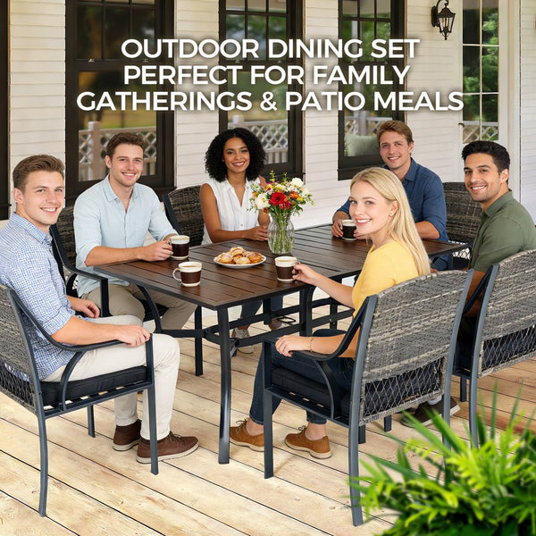 English Elm 7-piece Outdoor Dining Set Powder Coated Steel Rattan Chairs Cushions Poolside T5880S00024