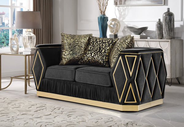 English Elm Cavalli Diamond Upholstered Sofa and Loveseat Set with Gold Accents for Modern Living Black+Gold B009S02182