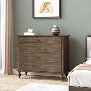English Elm Large Antique Style 4-drawer Chest with Crown Molding Roman Legs Bedroom Storage Deep Rustic Brown W1445P422422