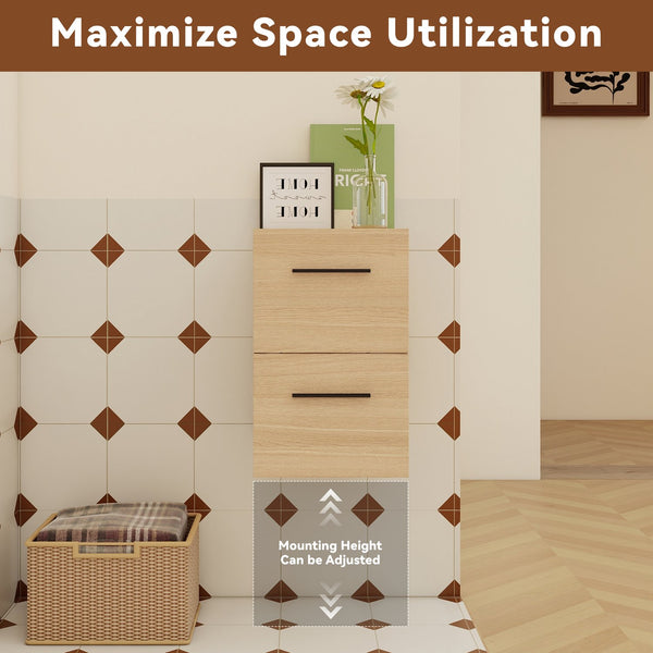 English Elm 12" Wall-mounted Oak Plywood Bathroom Linen Cabinet Slim Floating Single Door Storage W3450P440598