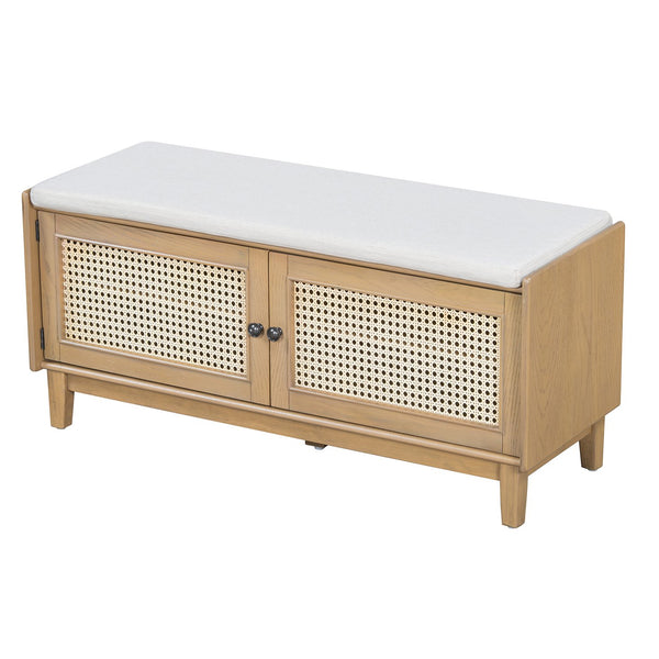 English Elm Trexm Bohemian Rattan Storage Bench Cushioned Seat Shoe Cabinet for Entryway N715P308012D