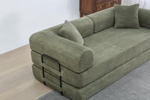 English Elm Convertible 3-Seat Sleeper Sofa Bed Corduroy Folding Floor Couch with Cylindrical Pillow, Plush Support Light Green W3199P309011