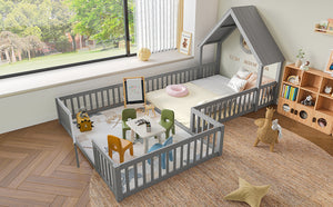 English Elm Full House Floor Bed with Door and Guardrails for Kids, Solid Wood Double Full, Safe Play Nook Grey W1580P354640