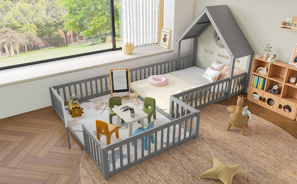 English Elm Full House Floor Bed with Door and Guardrails for Kids, Solid Wood Double Full, Safe Play Nook Grey W1580P354640