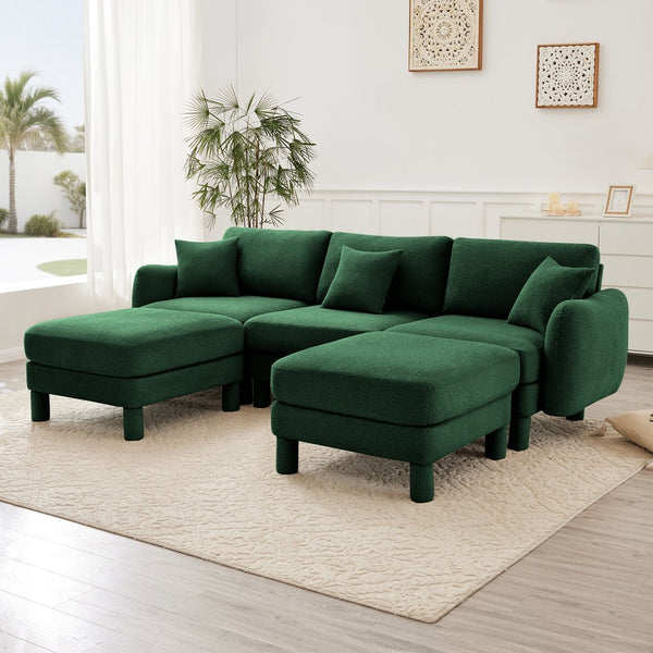 English Elm Boucle U-Shape Sectional Sofa With Shell Armrests & 2 Movable Ottomans For Modern Spaces, Green W3041S00310