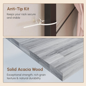 English Elm Acacia Wood Garment Rack with Shelves, 2 Wicker Drawers, 4 Hooks & 300lb Capacity — Light Gray W2391P290024