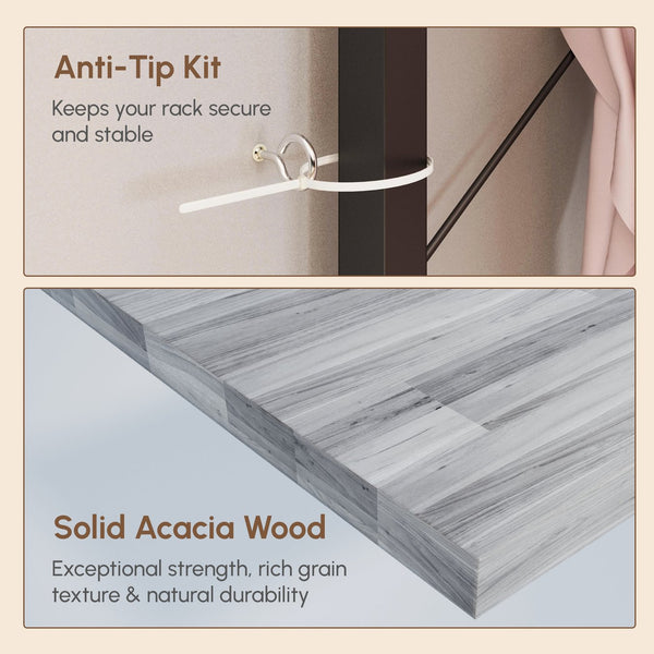 English Elm Acacia Wood Garment Rack with Shelves, 2 Wicker Drawers, 4 Hooks & 300lb Capacity — Light Gray W2391P290024