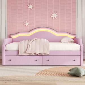 English Elm Full Size Upholstered Daybed With Led Lighting & 2 Storage Drawers, Stylish Pink Velvet Design N7500001852H