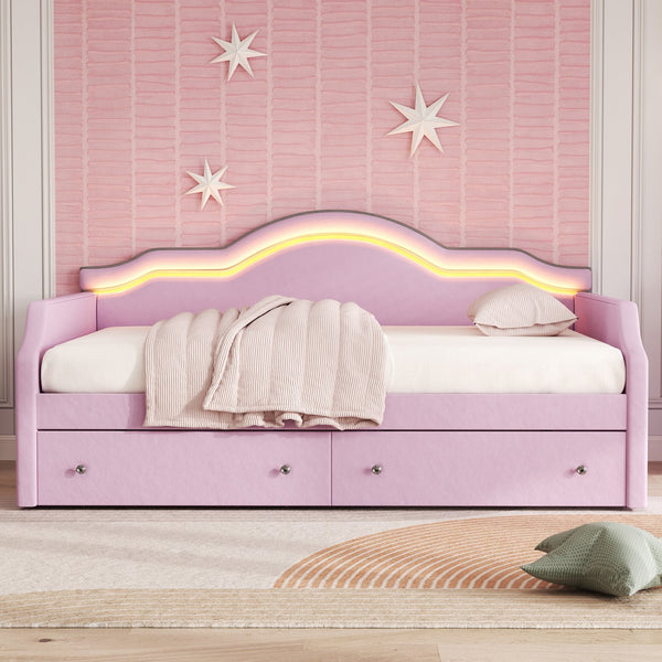 English Elm Full Size Upholstered Daybed With Led Lighting & 2 Storage Drawers, Stylish Pink Velvet Design N7500001852H
