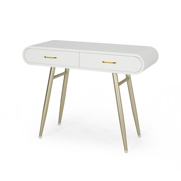 English Elm Christopher Knight Home® - ACCENT White Glam Vanity Table with Gold Legs, 2 Drawers, Faux Wood Top, Modern Chic 39.5"W PMID 64633.00
