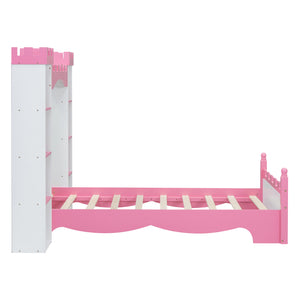 English Elm Castle-Shaped Twin Bed with Crown Footboard and Built-In Shelves, Sturdy MDF/Pine Frame for Kids White+Pink 82 L x 14.25 W x 6.75 H N733S177379K