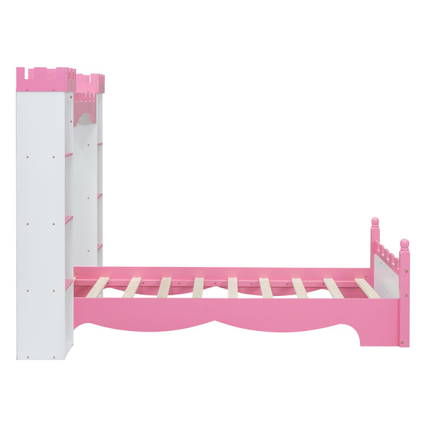 English Elm Castle-Shaped Twin Bed with Crown Footboard and Built-In Shelves, Sturdy MDF/Pine Frame for Kids White+Pink 82 L x 14.25 W x 6.75 H N733S177379K