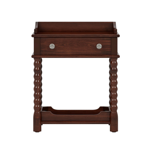 English Elm Retro Bedside Nightstand with Turned Rubberwood Legs Open Shelf and Drawer Storage Walnut N733P206240D