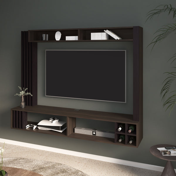 English Elm Bremmen Walnut Entertainment Center with Open Shelves, TV Panel & Hidden Storage for Modern Rooms B070S00397