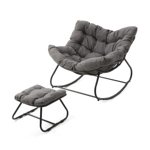 English Elm Dark Wicker Egg Rocking Chair with Ottoman Outdoor Pe Woven Patio Lounge Set Gray B082P455170