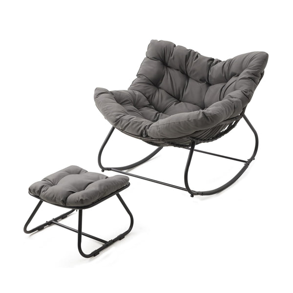 English Elm Dark Wicker Egg Rocking Chair with Ottoman Outdoor Pe Woven Patio Lounge Set Gray B082P455170