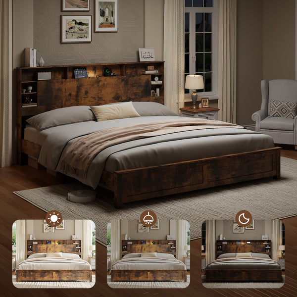 English Elm Wood Queen Platform Bed Bookcase Headboard with Led Lighting and Charging Station W636P444679
