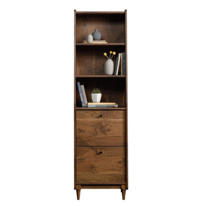 English Elm Narrow Mid-Century Bookcase in Brown – Tall Engineered Wood Shelf with Two Full-Extension File Drawers, Space-Saving 70.4" Height for Home Office and Living Room B356P402740