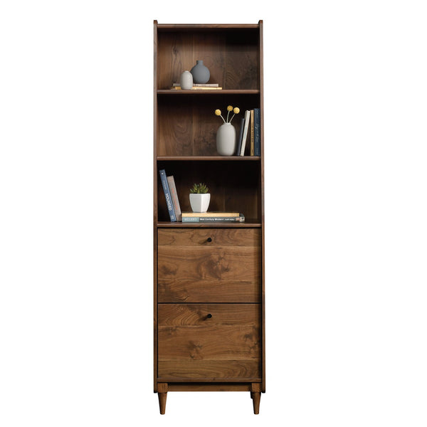 English Elm Narrow Mid-Century Bookcase in Brown – Tall Engineered Wood Shelf with Two Full-Extension File Drawers, Space-Saving 70.4" Height for Home Office and Living Room B356P402740