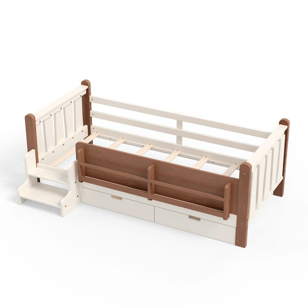 English Elm Twin Pine Floor Bed with Guardrails Built-in Bookcases and Stair Steps for Kids Beige W1580P430199