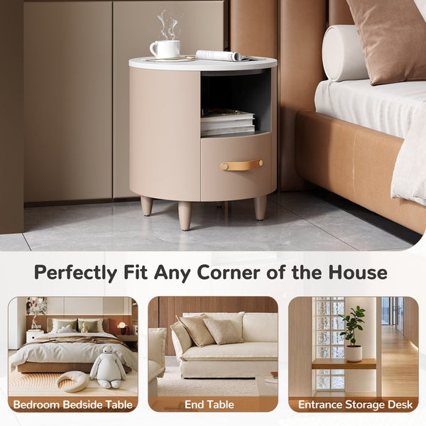 English Elm Christopher Knight Home® - Contemporary Round Nightstand with Drawer & Open Shelf, Curved Bedside Table with Leather Handles khaki 22 L x 22 W x 19.75 H N761P285708M