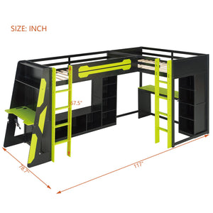 English Elm L-shaped Gaming Loft Bunk Bed Twin Wood Frame Rgb Lighting Usb Ports Storage Shelves Green LT000295AAG