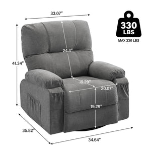 English Elm Recliner Grey 360° Swivel Rocking Lounge Chair with Thick Cushions, Arm Pockets & 330lb Metal Frame W1521P265833