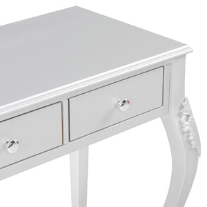 English Elm Luxury Makeup Vanity Desk with Oval Mirror and Engraved Floral Frame, Velvet Jewelry Tray, Durable Drawers and Elegant Console for Bedroom & Living Room Decor Silver N844P292481S