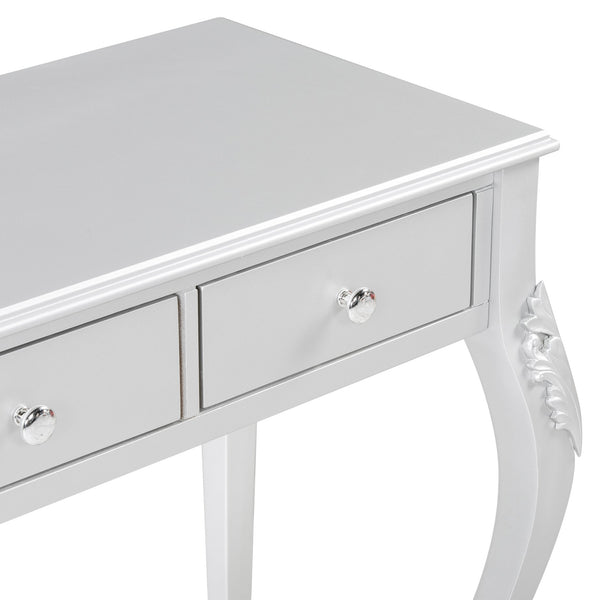 English Elm Luxury Makeup Vanity Desk with Oval Mirror and Engraved Floral Frame, Velvet Jewelry Tray, Durable Drawers and Elegant Console for Bedroom & Living Room Decor Silver N844P292481S