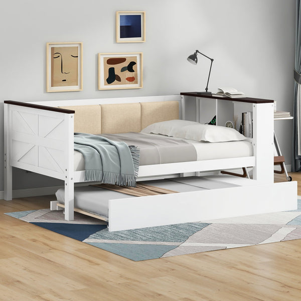English Elm Twin Pine Wood Daybed with Trundle Upholstered Backrest Storage Shelf and Usb Port N7090002232K