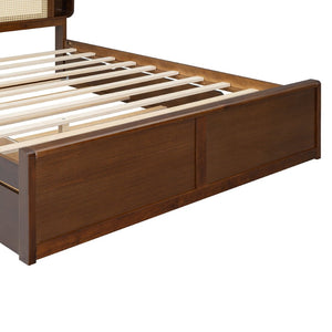 English Elm Queen Size Rattan Headboard Bed With Trundle, Drawers & Elegant Walnut Finish For Versatile Style N820S00013D-GIGA