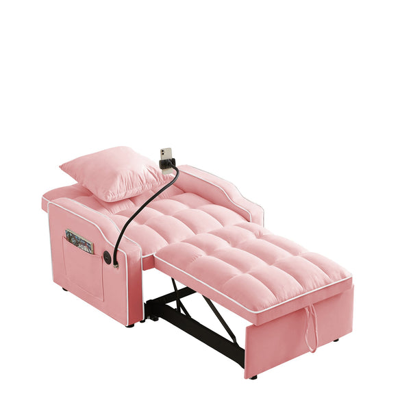 English Elm Sleeper Sofa Chair Velvet Convertible Armchair with Usb Charging for Small Spaces Pink W1359P458678