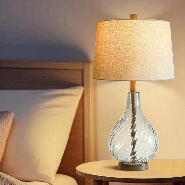 English Elm 28in Spiral Glass Column Table Lamp with Linen Shade for Bedroom or Office Decor W3355P443091