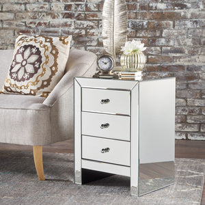 English Elm Christopher Knight Home® - 17.70'' Mirrored Nightstand - Silver Glass 3-Drawer Accent Table, Compact Glam Bedside Storage, Smooth Metal Glides 60982.00