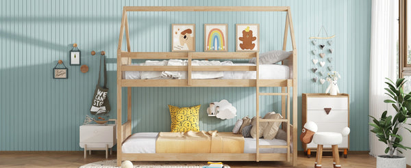 English Elm Twin House Floor Bunk Bed – Charming Rubberwood Design With Safety Guardrails, Ladder & White Oak Finish W504P227973-GIGA