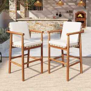 English Elm Outdoor Acacia Wood Counter Stools Set of 2 with Woven Seat and Beige Cushions N704P383163A