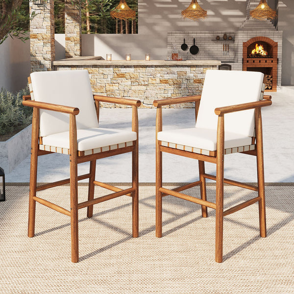 English Elm Outdoor Acacia Wood Counter Stools Set of 2 with Woven Seat and Beige Cushions N704P383163A