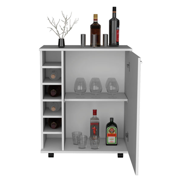 English Elm Wick White Bar Cart with Wine Rack, Cabinet Storage & Smooth Casters — Compact 25.8" Top Surface B200P188880
