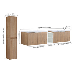 English Elm 84" Wall-Mounted Bathroom Vanity Set With Soft-Close Doors, Dual Sinks & Abundant Storage Space W999S00233