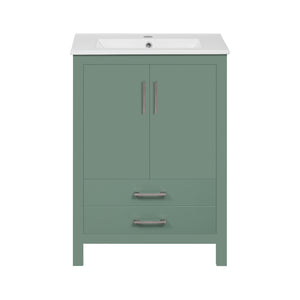 English Elm 24'' Green Bathroom Vanity with Ceramic Sink Combo — Modern Freestanding MDF & Solid Wood Storage, Soft-Close Doors, Silver Handles N710P228364F