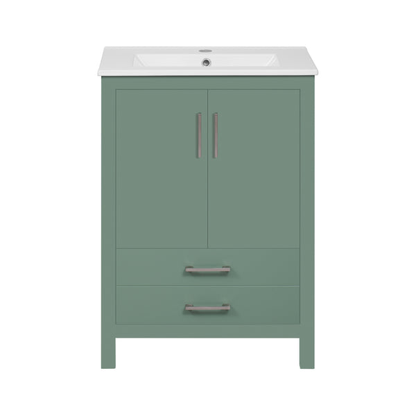 English Elm 24'' Green Bathroom Vanity with Ceramic Sink Combo — Modern Freestanding MDF & Solid Wood Storage, Soft-Close Doors, Silver Handles N710P228364F