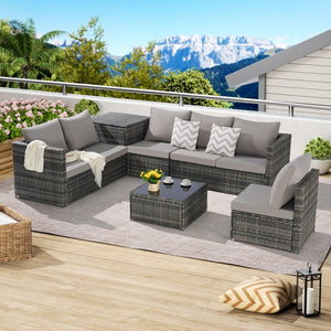 English Elm 6 6-Piece Wicker Patio Sectional Set with Tempered Glass Coffee Table, Weather-Resistant Rattan Sofa Light Gray W874S00028