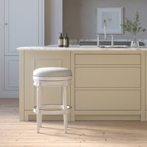 English Elm 31in. Swivel Barstool Faux Leather Seat Nailhead Trim Carved Walnut Frame Kitchen Bar White B2751P436437