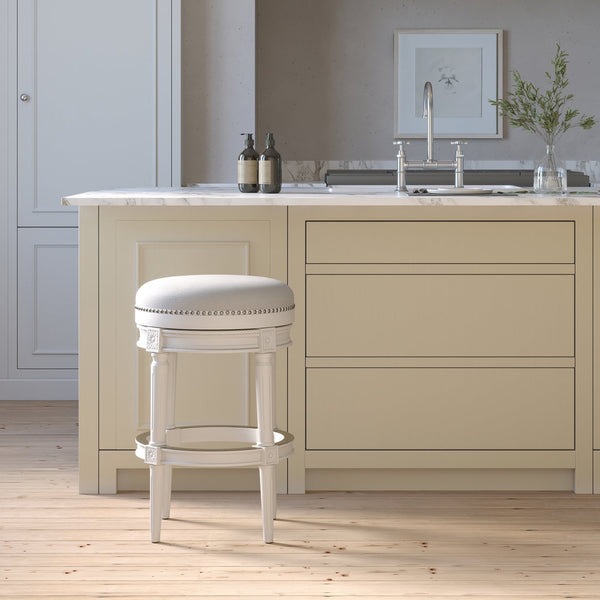 English Elm 31in. Swivel Barstool Faux Leather Seat Nailhead Trim Carved Walnut Frame Kitchen Bar White B2751P436437