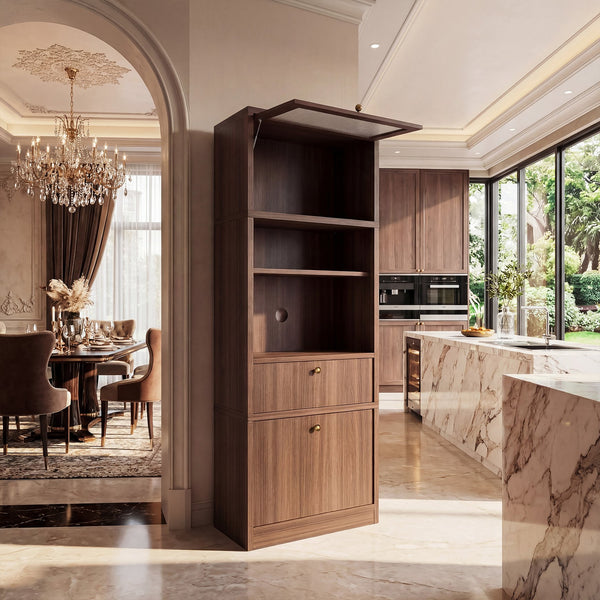 English Elm Tall Freestanding Pantry Cabinet with Adjustable Shelves Drawer and Doors for Kitchen Walnut B2764P483841